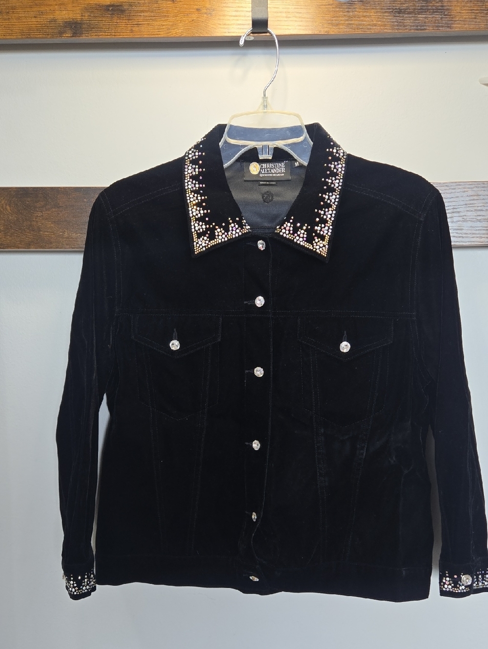 Vtg Christine Alexander Black Velvet Jacket with Crystal-Embellished Collar